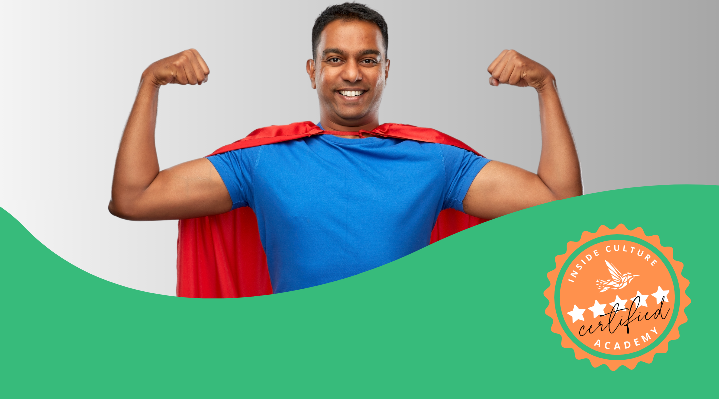 Confident individual with a superhero cape symbolizing the transformation through the Inside Culture Academy's 'Community and Training Bundle,' helping internationals go 'From Beginner to Cultural Superhero' by mastering German culture and integration